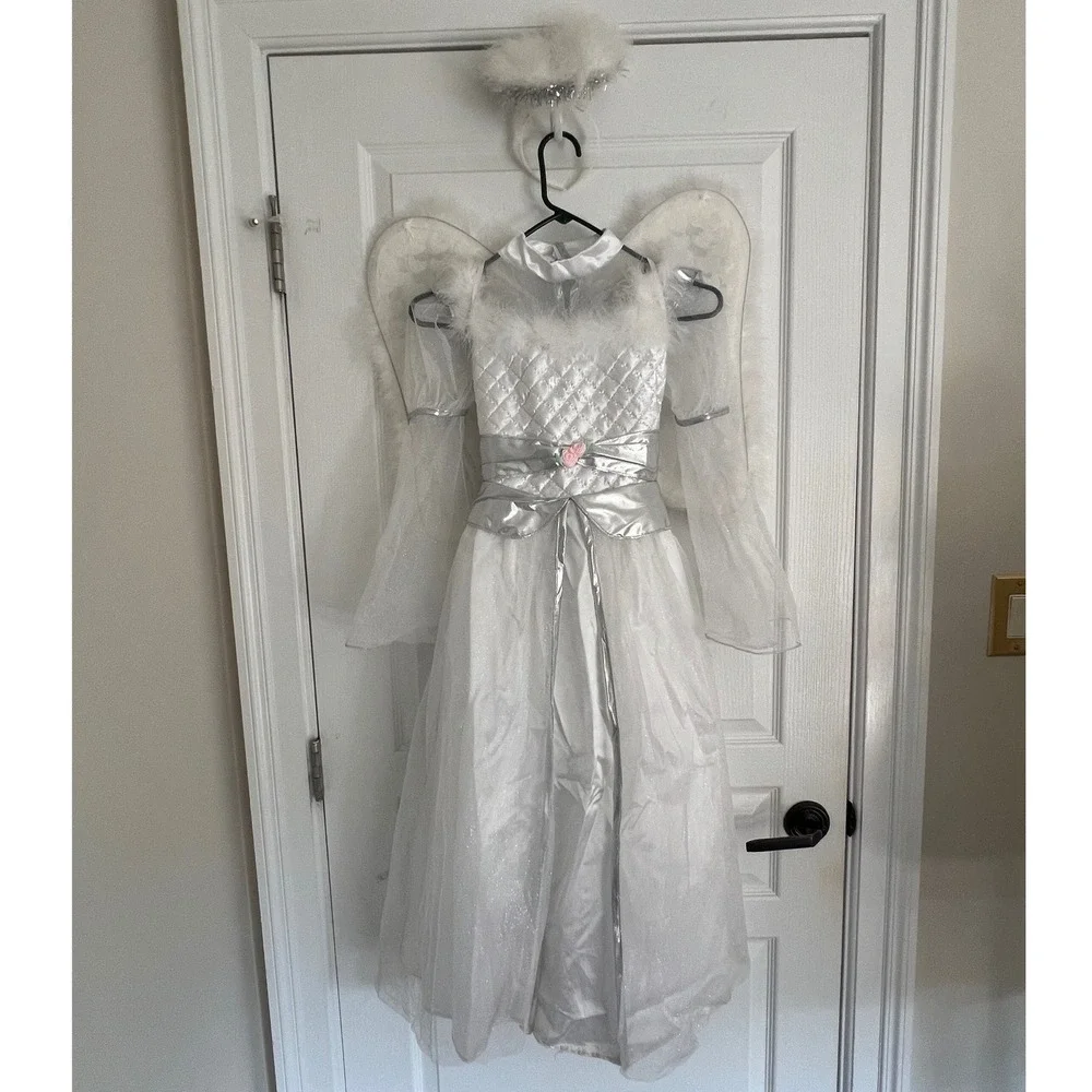 Rubies Rosebud Angel Halloween Costume Kids White Silver Dress Wings Halo 8-10 M
